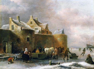 Een Winterlandschap met Talrijke Figuren op een Bevroren Rivier Buiten de Stadsmuren door Claes Molenaer
